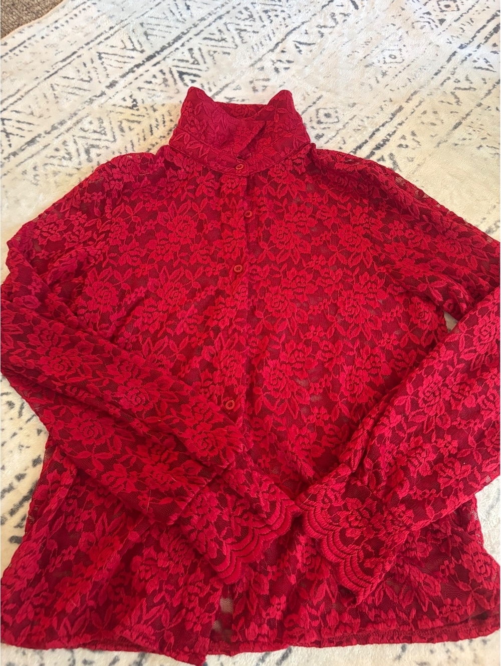 Red Lace Long Sleeve Button-Up Top Size Small
